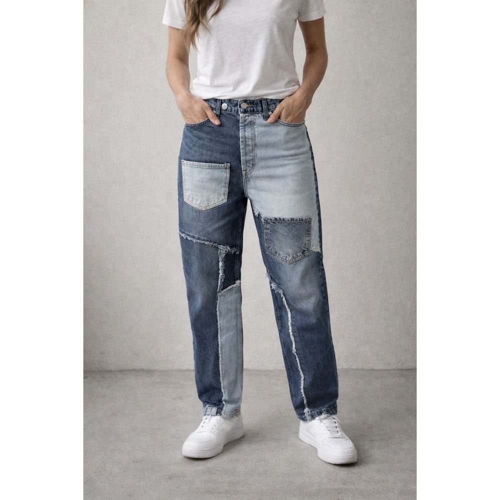 Revice Denim Patchwork Wide Straight Leg Skater Jeans Blue Womens Size 30